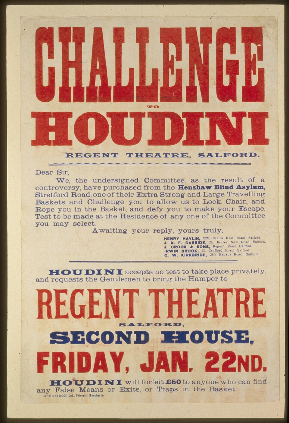 A committee challenges Houdini: locked, chained, roped, and defied to escape. He accepted only in public — which distinguishes him from the modern act.