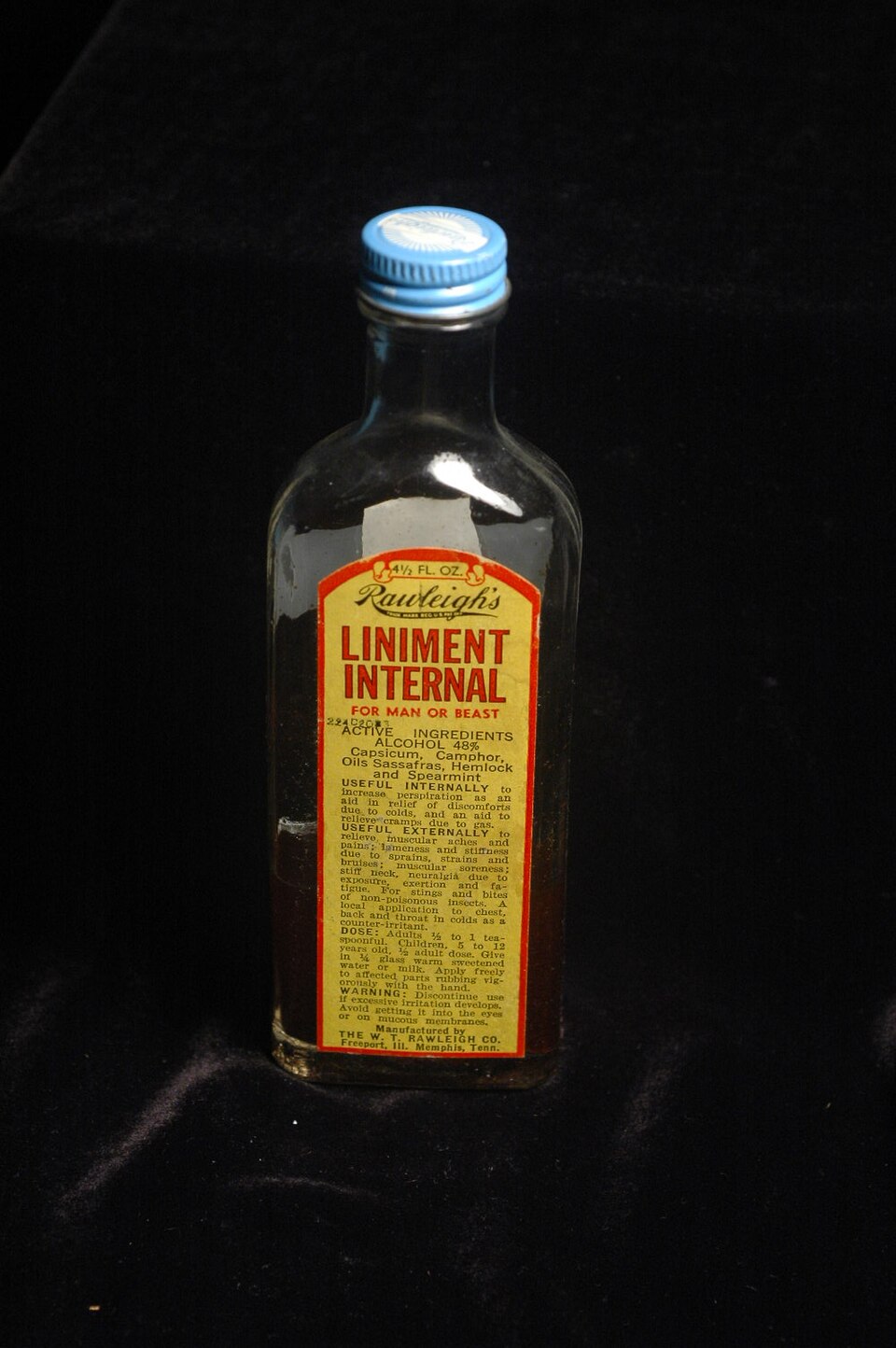 Liniment, taken internally, for man or beast: alcohol 48 percent, oils of sassafras, hemlock, and spearmint. The wellness economy, first edition.