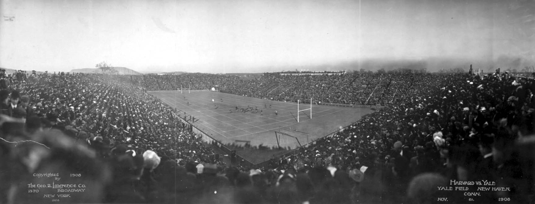 Harvard vs. Yale, Yale Field, November 21, 1908. Nobody on the field was paid to play, an arrangement the colleges maintained for another hundred and thirteen years.